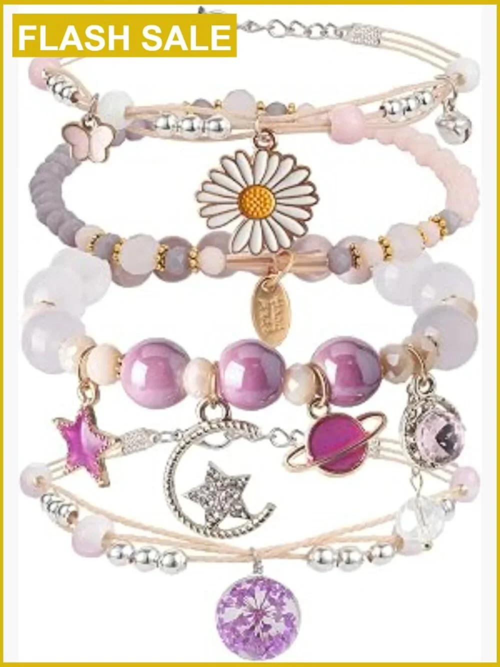 4 Adjustable Beaded Charm Bracelets Teen Girls Dainty Stretch Jewelry Set